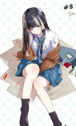 1girl absurdres academic_test alternate_costume bag black_hair black_socks blue_bag blue_necktie blue_skirt blunt_bangs bra brown_cardigan cardigan censored character_name closed_mouth collared_shirt commentary_request corrupted_twitter_file glasses grey_hair highres hololive hololive_dev_is juufuutei_raden long_hair looking_at_viewer menomeno_draw mosaic_censoring multicolored_hair necktie off_shoulder open_cardigan open_clothes partially_unbuttoned red_bra round_eyewear shirt sitting skirt socks solo test_score two-tone_hair underwear virtual_youtuber white_shirt