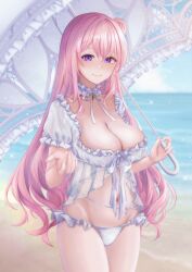 Rule 34 | 1girl, absurdres, akatsuki+9, beach, bikini, blue sky, blurry, blurry background, blush, breasts, closed mouth, cloud, collar, commentary, cowboy shot, day, dorothy (nikke), dorothy (serendipity) (nikke), fingernails, frilled bikini, frilled collar, frilled sleeves, frilled umbrella, frills, goddess of victory: nikke, groin, hair between eyes, hair bun, hands up, highres, holding, holding umbrella, horizon, large breasts, light particles, long hair, looking at viewer, navel, neck ribbon, nose blush, ocean, offering hand, official alternate costume, outdoors, parasol, pink hair, puffy short sleeves, puffy sleeves, purple eyes, ribbon, short sleeves, single side bun, sky, smile, solo, sparkle, standing, stomach, swimsuit, umbrella, very long hair, wavy hair, white bikini, white collar, white ribbon