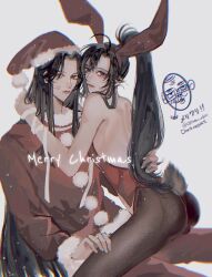 Rule 34 | 2boys, ahoge, alternate costume, animal ear hairband, animal ears, ass, bare arms, bare back, bare shoulders, black hair, black pantyhose, bound, bound wrists, christmas, closed mouth, couple, crossdressing, doodle inset, fake animal ears, fake tail, fur-trimmed shirt, fur trim, hairband, hand on another&#039;s back, hand on another&#039;s thigh, hat, highres, lan wangji, leotard, lipstick mark, long hair, looking at viewer, male focus, merry christmas, modao zushi, multiple boys, ojisan rbt, pants, pantyhose, playboy bunny, pom pom (clothes), ponytail, purple eyes, rabbit ear hairband, rabbit ears, rabbit tail, red hat, red leotard, red pants, red shirt, ribbon, ribbon bondage, santa costume, santa hat, shirt, sidelocks, sitting, sitting on lap, sitting on person, smile, snowing, tail, trap, twitter username, wei wuxian, white ribbon, yaoi, yellow eyes