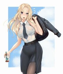 1girl belt black_belt black_bra black_necktie black_skirt blonde_hair blush bomber_jacket bra breasts cup dress_shirt grey_eyes highres holding holding_cup holding_unworn_jacket hornet_(kancolle) hot jacket kantai_collection large_breasts necktie open_mouth pantyhose pencil_skirt r31harutan see-through_clothes see-through_shirt shirt skirt sleeveless sleeveless_shirt solo sweat tongue tongue_out underwear unworn_jacket wet wet_clothes wet_shirt white_shirt