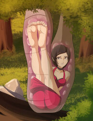 1girl ada_wong bad_end bare_legs barefoot black_hair capcom defeat dress elmonais feet game_over helpless imminent_death inside_creature nature nervous outdoors predator_and_prey red_dress resident_evil resident_evil_2 short_hair snake soles stomach toe_scrunch toenails toes tree vore