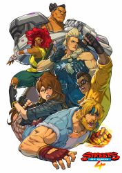 3boys 3girls adam_hunter axel_stone bandaged_arm bandages beard black_hair blaze_fielding blonde_hair blue_eyes braid brown_hair bulletproof_vest cherry_hunter clenched_hand clenched_hands commentary copyright_name cracking_knuckles cyborg danusko dark_skin denim denim_shirt dreadlocks earrings electric_guitar english_commentary estel_aguirre facial_hair father_and_daughter fighting_stance floyd_iraia full-body_tattoo glasses gold_earrings guitar highres hoop_earrings incoming_attack incoming_punch instrument jacket jeans jewelry joints leather leather_jacket lips long_braid long_hair maori mechanical_arms multiple_boys multiple_girls muscular muscular_female opaque_glasses open_clothes open_jacket open_shirt pants platinum_blonde_hair police police_uniform policewoman pompadour punching red_hair sega shirt single_braid sleeveless sleeves_pushed_up streets_of_rage streets_of_rage_4 sunglasses tattoo topknot topless_male torn_clothes torn_jeans torn_pants undercut upper_body uppercut very_dark_skin walkie-talkie white_background yellow_shirt