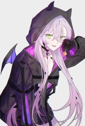 1girl black_hands black_hoodie candy colored_extremities demon_wings fate/grand_order fate_(series) food green_eyes hand_up highres holding holding_candy holding_food holding_lollipop hood hoodie lilith_(fate) lilith_(first_ascension)_(fate) lollipop long_hair smile solo sqrt_100 twintails white_background white_hair wings