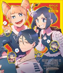 1boy 2girls backpack bag blonde_hair blue_eyes blue_hair chibi cone_hair_bun double_bun frilled_shirt frills fukurai_azami hair_bun highres hood hoodie jacket key looking_at_viewer meguriya_ayumu multiple_girls nogizi reindeer shirt short_hair smile tomarigi_yasumi toshi_densetsu_kaitai_center toshikai-kun triangle_necklace wheelchair yellow_eyes
