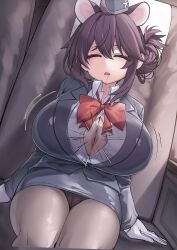 1girl animal_ears blue_archive bow bowtie breasts brown_hair button_gap center_opening cleavage commentary cowboy_shot drooling dutch_angle facing_viewer gene_(gear_gene) gloves hair_bun highres huge_breasts invisible_man invisible_penis kaede_(blue_archive) kaede_(guide)_(blue_archive) official_alternate_costume paizuri panties panties_under_pantyhose pantyhose parted_lips partially_unbuttoned perpendicular_paizuri red_bow red_bowtie single_side_bun sitting sleep_molestation sleeping solo_focus underwear variant_set white_gloves