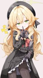 +++ 1girl black_coat black_gloves black_hat black_pantyhose black_shirt black_skirt blonde_hair blue_archive bow bowtie clothes_lift coat cowboy_shot finger_to_mouth frilled_skirt frills gloves green_eyes green_halo grey_background grin hair_intakes halo hat highres lifting_own_clothes long_hair long_sleeves looking_at_viewer pantyhose parted_lips pleated_skirt professor_niyaniya_(blue_archive) red_bow red_bowtie sabana shirt simple_background skirt skirt_lift smile solo teeth thighband_pantyhose wavy_hair wide_sleeves