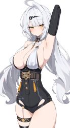 Rule 34 | 1girl, absurdres, ahoge, arm behind head, arm up, armpits, bare shoulders, belt, black thighhighs, breasts, cleavage, closed mouth, covered erect nipples, cowboy shot, grey hair, hair ornament, hairclip, hand on own hip, highres, large breasts, long hair, looking at viewer, mole, mole on breast, parted lips, single thighhigh, skindentation, solo, standing, sweatdrop, thighhighs, thighs, w.k, yellow eyes, yi xuan (zenless zone zero), zenless zone zero
