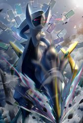 8686island arceus blurry commentary_request creatures_(company) from_below game_freak gen_4_pokemon glowing glowing_eyes highres legendary_pokemon lens_flare motion_blur mythical_pokemon nintendo no_humans outdoors pillar pokemon pokemon_(creature) red_eyes rock smoke solo