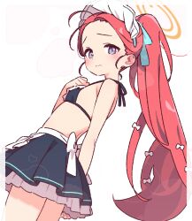 Rule 34 | 1girl, bare shoulders, bikini, black bikini, black skirt, blue archive, blush, breasts, commentary request, forehead, hair ribbon, halo, highres, long hair, looking at viewer, looking back, maid, maid bikini, maid headdress, miniskirt, parted bangs, partial commentary, ponytail, purple eyes, red hair, ribbon, sidelocks, skirt, small breasts, solo, swimsuit, unconventional maid, yoru nai, yuzu (blue archive), yuzu (maid) (blue archive)