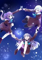 Rule 34 | 3girls, :d, :o, ^ ^, absurdres, aqua neckerchief, black pantyhose, blue sky, bob cut, brown dress, brown hair, closed eyes, commentary request, constellation, dress, floating hair, flower, fujishima megumi, full body, gloves, green eyes, hair bun, hair flower, hair intakes, hair ornament, half gloves, hasu no sora school uniform, highres, holding hands, inverted bob, link! like! love live!, loafers, long hair, love live!, medium dress, multicolored hair, multiple girls, neckerchief, open mouth, otomune kozue, outline, pantyhose, pleated dress, purple hair, red hair, sailor collar, sailor dress, school uniform, shoes, short hair, side ponytail, single side bun, sky, smile, socks, star (sky), star (symbol), star hair ornament, starry sky, streaked hair, two side up, virtual youtuber, watage modoki, white hair, white outline, white sailor collar, white socks, winter uniform, yugiri tsuzuri