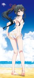 1girl adjusting_clothes ass back bare_legs bare_shoulders barefoot beach bikini black_hair blue_eyes blush breasts closed_mouth copyright_name day feet from_behind halterneck hands_on_own_ass heel_up high_ponytail highres horizon kneepits legs long_hair looking_back ocean official_art ponytail red_ribbon ribbon sand_on_skin side-tie_bikini_bottom sky small_breasts soles solo string_bikini swimsuit thighs toes white_bikini yahari_ore_no_seishun_lovecome_wa_machigatteiru. yukinoshita_yukino