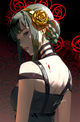 1girl back bare_shoulders black_background black_dress black_hair blood blood_on_back braid braided_bun breasts choker dress earrings eyelashes flower hair_bun hair_flower hair_ornament hairband highres jewelry looking_at_viewer pale_skin parted_lips pink_lips red_background red_eyes rose simple_background spy_x_family two-tone_background upper_body yor_briar zumi_(zumidraws)