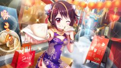 1girl :t alley bag bandou_mikuru steamed_bun bench blonde_hair blue_dress blush breasts brown_hair bun_cover china_dress chinese_clothes cleavage_cutout closed_mouth clothing_cutout day dot_nose double_bun dress dutch_angle eating film_grain floral_print floral_print_dress food food_on_face game_cg hair_bun hair_ornament hand_up holding holding_food incoming_food izumi_tsubasu lantern lens_flare looking_at_viewer menu_board multicolored_hair non-web_source official_art on_bench one_eye_closed outdoors outstretched_arm paper_bag paper_lantern print_dress re:stage! red_eyes short_dress short_hair side_slit sitting sleeveless sleeveless_dress small_breasts smile solo sparkle storefront streaked_hair two-tone_hair wooden_bench