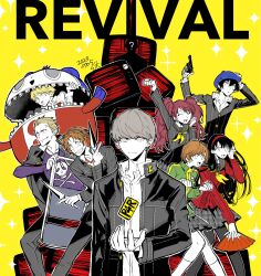 Rule 34 | 2025, 4boys, 4girls, amagi yukiko, black hair, black jacket, blue hat, brown hair, closed mouth, dated, grey hair, hanamura yousuke, hand fan, hat, highres, holding, holding fan, holding weapon, jacket, kujikawa rise, kuma (persona 4), long hair, looking at viewer, magaininninnin, multiple boys, multiple girls, narukami yu, persona, persona 4, persona 4 revival, satonaka chie, shirogane naoto, shirt, short hair, smile, tatsumi kanji, television, weapon, white shirt