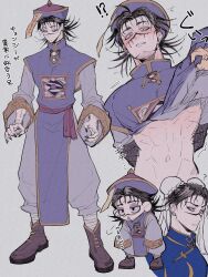1boy abs anger_vein black_nails blue_dress blue_hat blue_robe blush boots brown_boots bun_cover capcom chibi chibi_inset china_dress chinese_clothes choso_(jujutsu_kaisen) chun-li chun-li_(cosplay) clenched_teeth clothes_lift cosplay double_bun dress facial_mark full_body furrowed_brow gold_trim grey_pants hair_bun hat jiangshi jujutsu_kaisen male_focus multiple_views pants pelvic_curtain robe shirt_lift short_hair solo street_fighter sweat teeth ttnoooo vampire