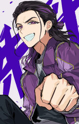 Rule 34 | 1boy, absurdres, bakuage sentai boonboomger, black hair, earrings, highres, homura sakito, hoop earrings, jacket, jewelry, keita kg85, long hair, looking at viewer, male focus, multicolored hair, purple eyes, purple hair, purple jacket, smile, solo, super sentai, two-tone hair, upper body, white background