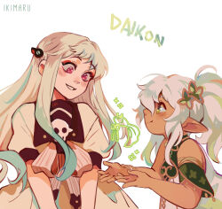 2girls alternate_skin_color armlet artist_name black_sailor_collar blush_stickers colored_tips crossover dark-skinned_female dark_skin detached_sleeves dress genshin_impact gold gold_trim green_eyes green_hair green_sleeves hair_intakes height_difference highres ikimaru jewelry jibaku_shounen_hanako-kun long_hair looking_at_another looking_down multicolored_hair multiple_girls nahida_(genshin_impact) open_hands open_mouth pink_eyes pointy_ears puffy_sleeves romaji_text sailor_collar school_uniform short_bangs short_sleeves side_ponytail sidelocks sideways_mouth smile upside-down white_background white_dress white_hair white_mouth yashiro_nene