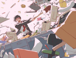 Rule 34 | 1boy, :d, absurdres, avogado6, belt, black hair, black jacket, black pants, blurry, blurry foreground, chair, closed eyes, computer, computer keyboard, computer mouse, corded phone, cup, debris, desk, flying paper, formal clothes, glasses, hammer, highres, holding, holding hammer, jacket, male focus, monitor, mug, necktie, office chair, open clothes, open jacket, open mouth, original, pants, paper, papers, pen, phone, red necktie, shirt, shirt partially tucked in, short hair, sledgehammer, smile, solo, suit, swinging weapon, swivel chair, white shirt