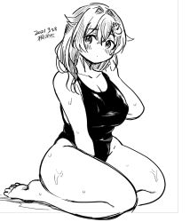 1girl artist_name barefoot breasts dated full_body greyscale hair_down hair_flaps highres jingei_(kancolle) kantai_collection kirisawa_juuzou large_breasts lineart long_hair looking_at_viewer monochrome one-piece_swimsuit solo swimsuit wet wet_clothes wet_swimsuit