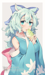 Rule 34 | 1girl, amamiya kaoruko (kuromiya), animal ears, aqua hair, blue bow, blue eyes, blue kimono, bow, breasts, food, grey background, hair bow, holding, holding food, holding ice cream, ice cream, japanese clothes, kimono, kuromiya, large breasts, looking at viewer, original, simple background, solo, tongue, tongue out, wide sleeves