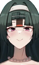1girl absurdres astra_yao bangs_pinned_back bead_necklace beads black_hair closed_mouth commentary_request hairband hat highres jewelry kaba_(hama) light_blush long_hair looking_at_viewer necklace pink_eyes portrait smile solo sticker_on_face straight-on sweatdrop top_hat white_hairband zenless_zone_zero