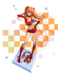 1girl absurdres alisa_(7320818) arm_up blue_eyes boots breasts cleavage closed_mouth collarbone contrapposto crop_top detached_collar elbow_gloves floating_hair gloves hairpods hand_on_own_hip highres knee_boots long_hair medium_breasts miniskirt navel neon_genesis_evangelion nerv orange_hair race_queen red_boots red_gloves red_skirt skirt solo souryuu_asuka_langley standing thighs very_long_hair