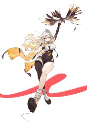 1girl absurdres bird black_bird black_gloves black_shorts black_sleeves black_thighhighs breasts fingerless_gloves floating_hair gloves hair_ornament hairclip high-waist_shorts highres jacket juffles kuji-in large_breasts long_hair looking_at_viewer shoes shorts single_sleeve single_thighhigh smile solo sparkle thighhighs white_background white_hair white_shoes yellow_eyes yellow_jacket yixuan_(zenless_zone_zero) zenless_zone_zero