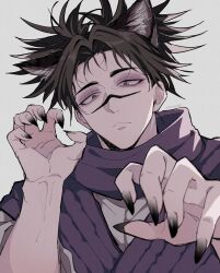 1boy animal_ears black_hair brown_eyes cat_boy cat_ears choso_(jujutsu_kaisen) closed_mouth double_bun facial_tattoo fingernails gao grey_background hair_bun jujutsu_kaisen light_frown male_focus nail_(hardware) robe sharp_fingernails simple_background solo tattoo ttnoooo white_robe