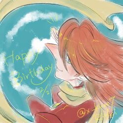 1boy big_nose black_boots blue_eyes blue_sky boots buttons coat cyborg cyborg_009 dynamic_pose flying hair_over_one_eye highres jet_link light_smile long_eyelashes long_hair orange_hair pants red_coat red_pants scarf sky x_kumo7 yellow_scarf