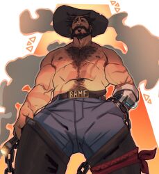1boy bara beard belt brown_hair cassidy_(overwatch) chain chest_hair chris_sdd cigarette connected_beard cropped_legs dark-skinned_male dark_skin facial_hair highres holding holding_cigarette male_focus mature_male muscular muscular_male overwatch overwatch_2 pants perspective prosthesis prosthetic_arm scar scar_on_arm signature