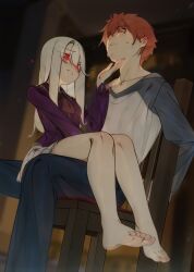 Rule 34 | 1boy, 1girl, absurdres, barefoot, blush, deko morii, emiya shirou, fate/stay night, fate (series), feet, highres, illyasviel von einzbern, long hair, parted lips, red eyes, soles, toes, white hair