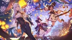 3girls black_bodysuit black_hair blue_eyes blunt_bangs bodysuit bonnet boots braid breast_curtain breasts bridge brown_hair chinese_clothes chinese_opera closed_eyes clothing_cutout dark-skinned_female dark_skin dress earrings festival fireworks genshin_impact gloves grey_hair guitar hair_ornament hair_over_one_eye highres holding holding_instrument instrument jewelry lap large_breasts lolita_fashion long_hair long_sleeves low-braided_long_hair low-tied_long_hair makeup multicolored_hair multiple_girls night open_mouth pantyhose purple_hair purple_pantyhose qi_lolita red_eyes red_hair rocket_jumping shenhe_(genshin_impact) smile spikes streaked_hair suzuki_iori tanabata tassel twintails v very_long_hair vision_(genshin_impact) white_hair wooden_bridge xinyan_(genshin_impact) yellow_eyes yun_jin_(genshin_impact)