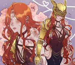 1girl amputee artist_request ashartstuff backless_dress backless_outfit blush chain covering_navel dress elden_ring flower gold_chain halter_dress halterneck heart helmet hip_vent malenia_blade_of_miquella meme meme_attire modakawa_dress open_clothes open_dress scar solo tight_clothes
