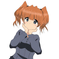 Rule 34 | 1girl, black hat, black jacket, black skirt, blue eyes, brown hair, garrison cap, girls und panzer, girls und panzer phase erika, grey shirt, hair tie, hands on own chin, hat, jacket, kuromorimine military uniform, kuromorimine school uniform, long hair, miniskirt, orange hair, red skirt, rou leila, school uniform, shadow2020, shirt, skirt, twintails