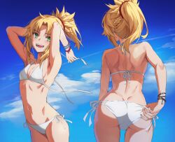1girl :d adjusting_clothes adjusting_swimsuit armpits arms_behind_head arms_up ass back bare_shoulders bikini blonde_hair blue_sky braid breasts commentary day fangs fate/apocrypha fate_(series) from_behind front-tie_bikini_top front-tie_top green_eyes hair_ornament hair_scrunchie half_up_braid halterneck highres long_hair mordred_(fate) mordred_(fate/apocrypha) multiple_views navel open_mouth ponytail red_scrunchie scrunchie short_ponytail side-tie_bikini_bottom sidelocks sky small_breasts smile stomach string_bikini swimsuit tank_top tonee untied_bikini variant_set white_bikini
