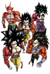 5boys absurdres alternate_form antennae aura bald black_hair black_pants blue_eyes blue_sash body_fur broly_(dragon_ball_z) clenched_hands closed_mouth colored_skin commentary_request copyright_name denim derivative_work dougi dragon_ball dragon_ball_gt frown gloves highres jeans logo long_hair looking_at_viewer male_focus monkey_boy monkey_tail multiple_boys muscular muscular_male no_nipples pants pectorals piccolo purple_gloves red_fur red_skin saiyan sash smile smirk son_gohan son_goku spiked_hair super_saiyan super_saiyan_4 tail un_koshin1402 vegeta yellow_eyes yellow_pants