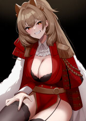 1girl absurdres animal_ears azur_lane black_bra black_garter_straps black_thighhighs blush bra breasts brown_hair cleavage collar commission dress garter_straps grin hair_between_eyes highres jacket large_breasts lion_(azur_lane) long_hair looking_at_viewer orange_eyes pixiv_commission red_dress red_jacket seele0907 smile solo thighhighs underwear white_collar