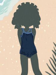 1girl arms_behind_back beach blue_one-piece_swimsuit competition_school_swimsuit day dressed_shadow_(meme) drill_hair feet_out_of_frame flat_chest grass highres made_in_abyss maid_headdress maruruk meme no_lineart ocean one-piece_swimsuit outdoors sand school_swimsuit shade shadow short_hair silhouette solo standing sunny_milk swimsuit twin_drills water ximu_shilang