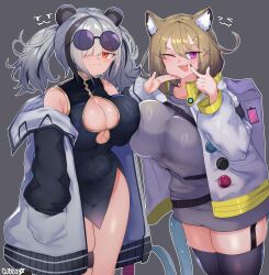 2girls ;d absurdres animal_ears arknights armpit_crease artist_name asymmetrical_docking black_nails black_thighhighs blonde_hair breast_press breasts china_dress chinese_clothes cleavage cleavage_cutout clothing_cutout commentary covered_navel cowboy_shot cuddz dress english_commentary eyewear_on_head fang fang_out feater_(arknights) grey_background grey_hair grey_shirt hair_between_eyes hair_over_one_eye hand_on_another&#039;s_cheek hand_on_another&#039;s_face highres jacket large_breasts long_hair long_sleeves looking_at_viewer multicolored_hair multiple_girls navel off_shoulder one_eye_closed open_clothes open_jacket open_mouth panda_ears panda_girl poking_self purple_eyes round_eyewear shirt simple_background skin_fang smile streaked_hair sunglasses thighhighs twintails utage_(arknights) white_jacket