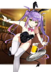 1girl absurdres animal_ears arm_strap black_hairband black_leotard black_shoes blurry blurry_background bow bowtie breasts cleavage closed_mouth detached_collar ear_piercing fake_animal_ears green_eyes hairband highres hololive indoors leotard medium_breasts momochi_(hana_tubakino) multicolored_hair nail_polish outstretched_arms piercing pink_bow pink_bowtie pink_hair playboy_bunny pointy_ears purple_hair rabbit_ears shoes smile solo strapless strapless_leotard thighhighs tokoyami_towa twintails two-tone_hair virtual_youtuber white_thighhighs white_wrist_cuffs wing_collar wrist_cuffs