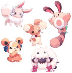 absurdres animal_feet animal_focus animal_hands bear bow bowtie closed_mouth dot_mouth dot_nose gen_2_pokemon gen_8_pokemon green_bow green_bowtie heart highres nintendo no_humans pokemon pokemon_(creature) rabbit red_bow red_bowtie sheep simple_background sleeping solid_circle_eyes solid_oval_eyes su_(sajo_su5) teddiursa tongue tongue_out white_background white_bow white_bowtie wooloo
