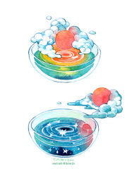 artist_name blue_sky bowl cloud cumulonimbus_cloud evening food food_focus liquid maruti_bitamin night night_sky no_humans object_focus original painting_(medium) rainbow_gradient red_sun simple_background sky soup star_(sky) sun sunset traditional_media water watercolor_(medium) white_background