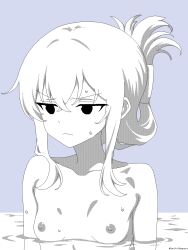 Rule 34 | 1girl, bathing, black eyes, blue background, breasts, collarbone, double-parted bangs, long hair, monochrome, nipples, nude, original, sidelocks, simple background, small breasts, solo, soulfull sequoia, twitter username