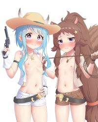 Rule 34 | 2girls, absurdres, animal ears, blue hair, blush, breasts, cowboy hat, flat chest, gun, hat, highres, lasso, mahiru (princess connect!), multiple girls, nipples, princess connect!, ribs, rin (princess connect!), ruinone, tail, weapon