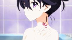 2girls ahoge alternate_hairstyle animated animated_gif anime_screenshot ass bath bathing bathtub blue_hair blush hair_down hair_up isshiki_akane kuroki_rei lowres multiple_girls non-web_source nude purple_eyes red_eyes red_hair same-sex_bathing shared_bathing tattoo tile_wall tiles tub vividred_operation