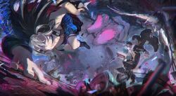 Rule 34 | 1boy, 1girl, battle, belt, bird, black footwear, black jacket, blue eyes, blurry, blurry foreground, book, boots, chain, chasing, closed mouth, coat, cporing, creature, debris, earrings, fleeing, forehead, full body, fur trim, grey hair, hawk, highres, jacket, jewelry, long hair, long sleeves, looking back, midair, open book, open mouth, original, outdoors, shadow, sharp teeth, shoes, skull, steel beam, teeth, thighs, trench coat