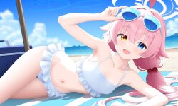 1girl absurdres beach bikini blue_archive crat2222 day hair_bobbles hair_ornament halo heterochromia highres horizon hoshino_(blue_archive) hoshino_(swimsuit)_(blue_archive) ocean pink_hair pink_halo sand sky solo sunglasses swimsuit water white_bikini