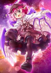 1girl animal_ears bird_ears bird_wings black_shoes blush brown_eyes brown_hat brown_pantyhose brown_skirt brown_vest earrings frilled_skirt frilled_sleeves frills full_body hat highres jewelry long_sleeves mystia_lorelei open_mouth pantyhose pink_hair ryuu_(multitask) shirt shoes short_hair single_earring skirt smile solo touhou vest white_shirt white_wings winged_footwear winged_hat wings