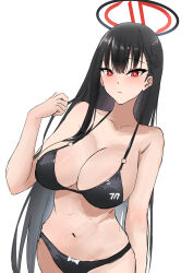 Rule 34 | 1girl, absurdres, alternate costume, asao (asaomm12345), bikini, black bikini, black hair, blue archive, blush, breasts, cleavage, hair ornament, hairclip, halo, highres, large breasts, long hair, looking at viewer, navel, red eyes, revision, rio (blue archive), sideboob, simple background, solo, stomach, swimsuit, very long hair, white background
