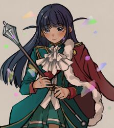 Rule 34 | 1girl, aiguillette, ascot, black hair, blue eyes, blush, brown background, closed mouth, commentary request, confetti, cowboy shot, epaulettes, fur-trimmed jacket, fur trim, green jacket, green skirt, hands up, highres, holding, holding weapon, jacket, jacket on shoulders, korean commentary, long hair, long sleeves, looking at viewer, mace, miniskirt, mxhxrxx, open clothes, open jacket, red jacket, red sash, sash, shirt, shoujo kageki revue starlight, shoulder sash, simple background, single stripe, skirt, solo, standing, striped clothes, striped skirt, tsuyuzaki mahiru, two side up, weapon, white ascot, white shirt